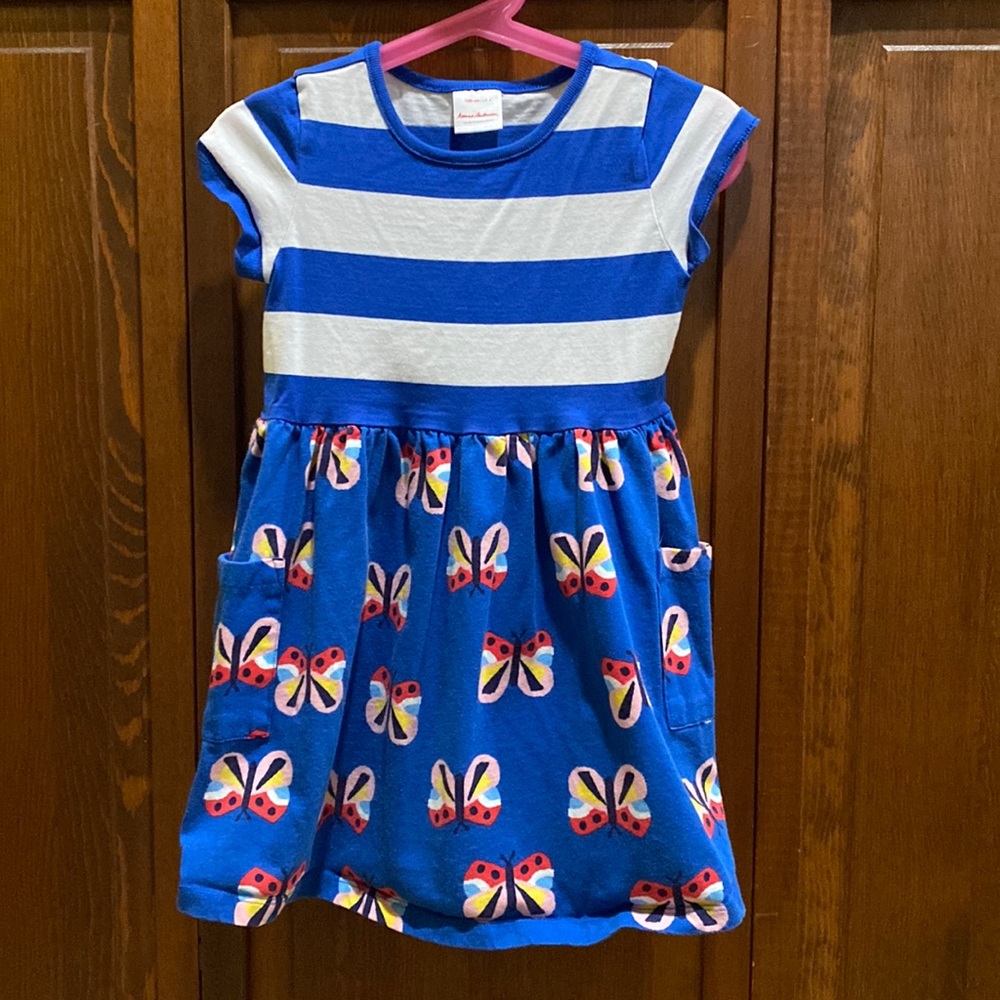 Hanna Andersson girls striped pocket dress, 100 cm / size 4. Butterflies & blue